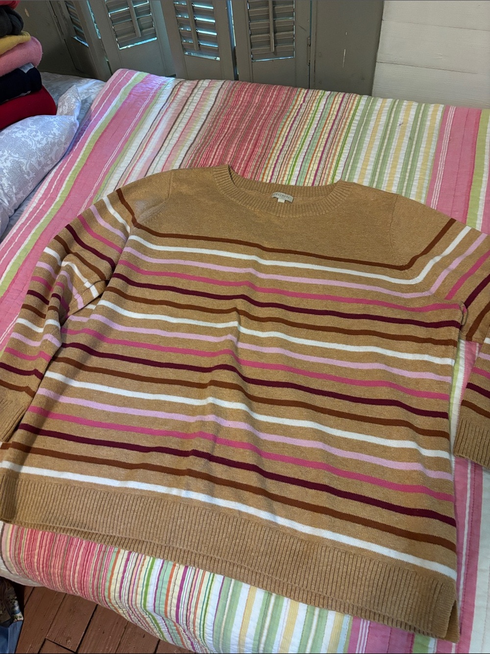 Talbots Camel Crewneck Sweater with Pink, White & Brown Stripes
